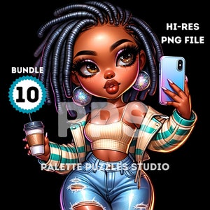 10 PNG Bundle: Trendy Chibi African American Woman Outfit for Print on Demand Apparel & Accessories