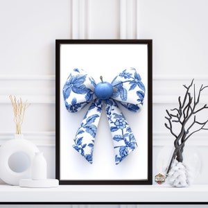Blue bow chinoiserie nursery print, grandmillenial wall art, coquette room decor, coastal grandaughter painting, preppy girly poster