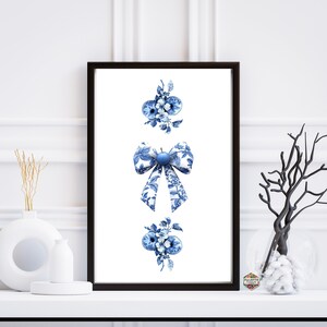 3D Blue Bow Chinoiserie Nursery Print, Grandmillennial Wall Art, Coquette Room Decor, Coastal Granddaughter Painting, Preppy Girly Poster