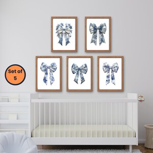 Elegant Blue Bow Chinoiserie Nursery Print Set of 5 – Grandmillennial, Coquette Room Decor, Coastal Granddaughter, Preppy Girly Wall Art