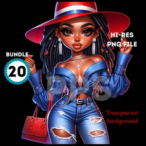 20 PNGs, Chibi-Style Curvy African American Woman in Fashionable Denim Wear and Hat, Transparent Background Bundle for Print-On-Demand