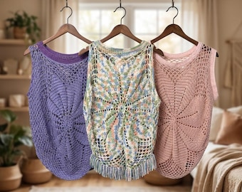 Patrón de top de verano a crochet en PDF / Patrón digital de top sin mangas de encaje / Camiseta ligera para festivales (hazlo tú mismo)