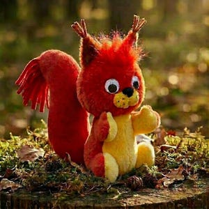May include: A plush squirrel toy with a red body and tail, and yellow accents. The toy has large, round eyes and is sitting on a mossy surface. The squirrel is a whimsical, handcrafted item.