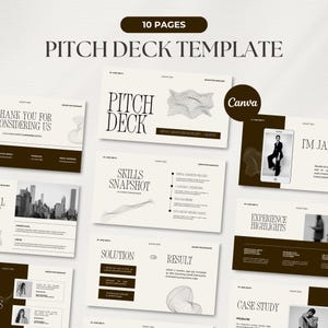 Puede incluir: Una plantilla de presentaci&oacute;n de 10 p&aacute;ginas con un dise&ntilde;o minimalista. La plantilla presenta un fondo beige claro con detalles y texto en marr&oacute;n oscuro. Las palabras "PITCH DECK TEMPLATE" se muestran de forma destacada.
