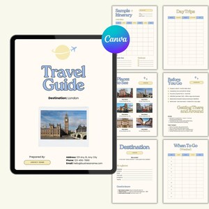 Op de afbeelding: Een digitale reisgids sjabloon voor Londen, weergegeven op een tablet. De gids bevat een titel, bestemming en een foto van de Big Ben. Extra pagina's bevatten route, bezienswaardigheden en reistips.