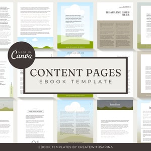 May include: A digital ebook template with a green and blue nature-inspired design. The template includes a title page, content pages, and a call to action. The text on the template reads "Content Pages Ebook Template" and "Ebook Templates by CreateWithSarina".