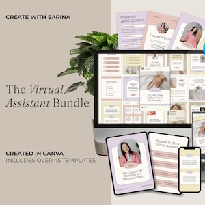 Op de afbeelding: Een digitale marketingbundel getiteld "The Virtual Assistant Bundle" met sjablonen gemaakt in Canva. De afbeelding toont een computer, tablet en telefoon met verschillende sjablonen in zachte pastelkleuren. De bundel bevat meer dan 45 sjablonen.