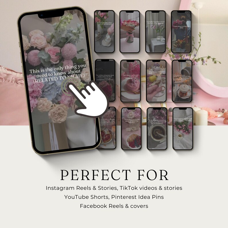 May include: A smartphone screen displays a floral arrangement with text: "This is the only thing you need to know about (RELATED TO NICHE)." Additional screens show similar content. The image is labeled "PERFECT FOR" Instagram Reels, TikTok videos, YouTube Shorts, Pinterest Idea Pins, and Facebook Reels.