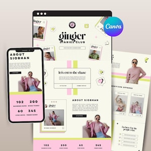 May include: A digital website layout design titled Ginger Diaries Club featuring a cream background with grid patterns, pink and yellow accents, and photographs of a person in a pink blazer. The layout includes text sections, buttons, and icons.