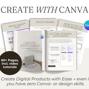 Op de afbeelding: Afbeelding van een boek getiteld "Create with Canva" met gidsen over fotolijsten en merk kits. De afbeelding bevat het Canva-logo en de tekst "60+ Pages, incl. video tutorials". De tekst "Create Digital Products with Ease" is ook zichtbaar.