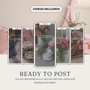 May include: A digital marketing template featuring five smartphone screens with text overlays. The screens display text such as "Videos Included!" and "Ready to Post." The screens show images of food and flowers. The background is a soft pink.