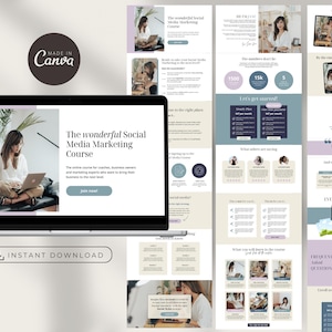 Op de afbeelding: Een laptopscherm dat een website voor een social media marketingcursus weergeeft. De website heeft een lichtblauwe knop met de tekst "Meld je nu aan!" en tekst die "De fantastische Social Media Marketingcursus" luidt. De website bevindt zich op een wit oppervlak met een lichtbruine achtergrond.