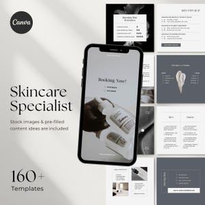 Op de afbeelding: Een promotieafbeelding voor een huidverzorgingsspecialist, met een smartphone waarop een huidverzorgingsproduct wordt weergegeven. De afbeelding bevat de tekst "Booking Now!" en "Skincare Specialist". Extra afbeeldingen en sjablonen zijn ook zichtbaar.