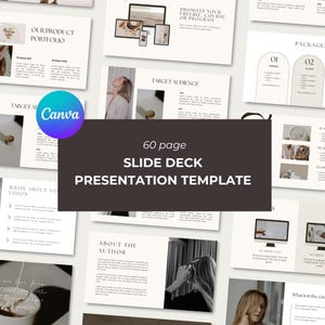 Könnte beinhalten: Eine 60-seitige Präsentationsvorlage mit minimalistischem Design. Die Vorlage verfügt über eine neutrale Farbpalette mit beige, weißen und schwarzen Akzenten. Der Text "60 page Slide Deck Presentation Template" wird in einer fetten, serifenlosen Schrift angezeigt.