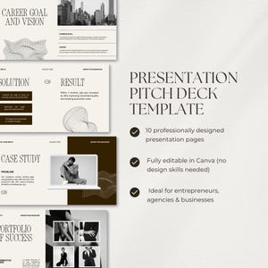 Puede incluir: Una plantilla de presentaci&oacute;n de pitch deck con un dise&ntilde;o minimalista. La plantilla incluye diapositivas para objetivos profesionales, soluciones, resultados y estudios de caso. El texto dice "Plantilla de presentaci&oacute;n de pitch deck" y destaca caracter&iacute;sticas.