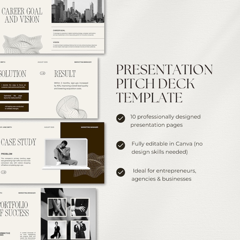 Puede incluir: Una plantilla de presentaci&oacute;n de pitch deck con un dise&ntilde;o minimalista. La plantilla incluye diapositivas para objetivos profesionales, soluciones, resultados y estudios de caso. El texto dice "Plantilla de presentaci&oacute;n de pitch deck" y destaca caracter&iacute;sticas.