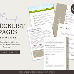 May include: A collection of ebook checklist page templates in a minimalist design. The pages are white with light brown and green accents. Text includes "eBook Checklist Pages Template" and "Digital Download."