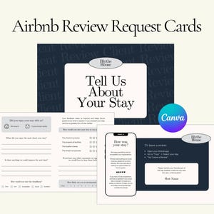 Op de afbeelding: Een verzameling Airbnb-beoordelingsverzoekkaarten. De kaarten bevatten de tekst "Vertel ons over uw verblijf" en "Hoe was uw verblijf?" in een modern lettertype. Het ontwerp bevat een Canva-logo en het "Blythe House"-logo.