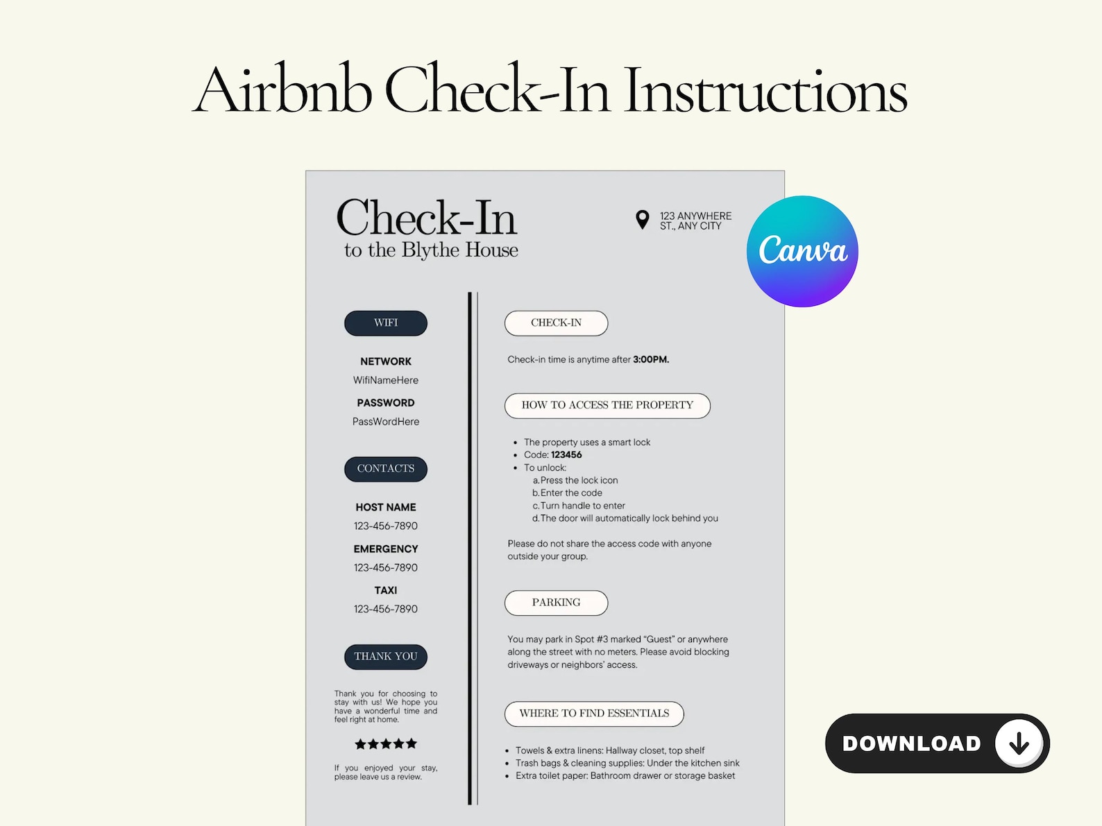Editable Check in Instructions Template | Airbnb Check in Sign ...