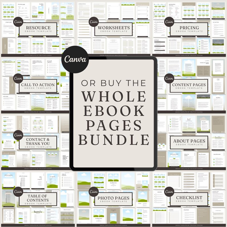 May include: A digital product bundle of ebook templates, including resources, worksheets, pricing, call to action, content pages, contact & thank you, about pages, table of contents, photo pages, and checklist templates. The text "OR BUY THE WHOLE EBOOK PAGES BUNDLE" is displayed.