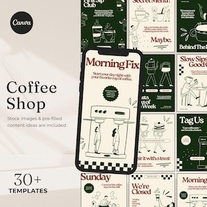 Puede incluir: Una colección de plantillas de cafetería con una estética retro. La imagen presenta un teléfono inteligente que muestra un diseño "Morning Fix", rodeado de varios gráficos temáticos de café y el texto "Coffee Shop" y "30+ TEMPLATES".