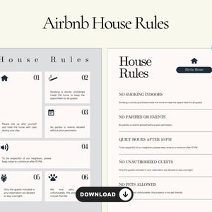 Op de afbeelding: Een digitaal Airbnb-huisregelsbord met zwarte tekst. Het bord bevat regels zoals niet roken binnenshuis, geen feesten en stille uren na 22.00 uur. Het Canva-logo staat rechtsboven.