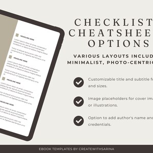 May include: Digital ebook template design with the words "Checklist & Cheatsheets Options". The design includes customizable fonts, image placeholders, and the option to add author's name. The template is for various layouts.