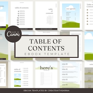 Op de afbeelding: Een set van 10 inhoudsopgave sjablonen voor e-books. De sjablonen hebben een minimalistisch ontwerp met een groene en blauwe landschapsafbeelding. De tekst "TABLE OF CONTENTS EBOOK TEMPLATE" wordt weergegeven in een zwarte rechthoek.