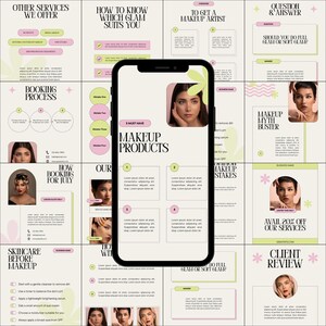 Op de afbeelding: Een digitale marketingafbeelding met een smartphone die een gids voor make-upproducten weergeeft. Het ontwerp heeft een lichtroze en groen kleurenschema met tekst als "Make-up Producten" en "Huidverzorging voor Make-up."