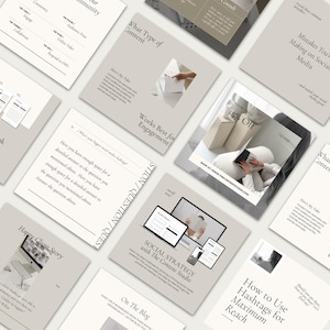 Può includere: Una collezione di materiali di marketing beige chiaro e bianchi, tra cui biglietti e volantini, con testo come "What Type of Content" e "Social Strategy with The Content Studio". Il layout presenta un design moderno e minimalista.