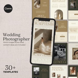 May include: A promotional image for a wedding photographer, featuring a smartphone displaying a bride in a wedding dress. The image includes templates, text, and design elements in shades of beige, brown, and green. The Canva logo is visible.