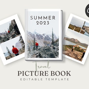 Peut inclure: Un modèle de livre photo avec le texte "Summer 2023" et "Travel Picture Book Editable Template". L'image de couverture montre un paysage de montagne avec une personne au loin. Les pages intérieures présentent des photos de personnes faisant de la randonnée dans un paysage de montagne.