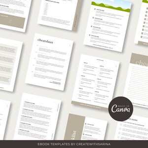 May include: A collection of ebook templates in a neutral color palette, including checklists, cheat sheets, and other document layouts. The templates feature a clean, modern design with space for text and headings. The Canva logo is visible.