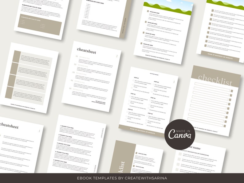 May include: A collection of ebook templates in a neutral color palette, including checklists, cheat sheets, and other document layouts. The templates feature a clean, modern design with space for text and headings. The Canva logo is visible.