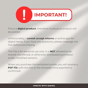 May include: A red banner with the word "IMPORTANT!" and an exclamation point. Text below states this is a digital product, no returns, and for personal use only. The text also mentions a PDF file will be provided.