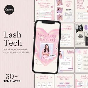 Op de afbeelding: Een roze en witte Canva-sjabloonset voor wimpertechnici. Het ontwerp bevat een smartphone met een "Meet Your Lash Tech"-afbeelding, plus andere sjablonen met tekst zoals "What to Know About Lash Extensions" en "Before and After".