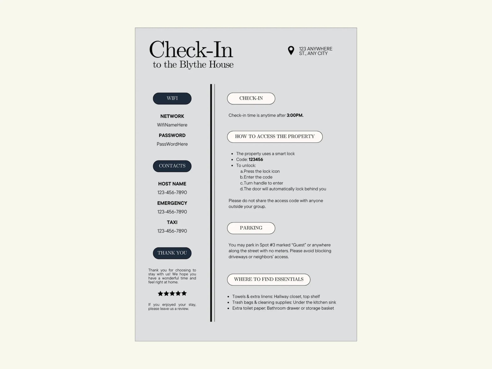 Editable Check in Instructions Template | Airbnb Check in Sign ...