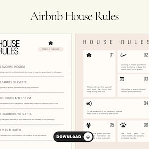 Op de afbeelding: Twee beige Airbnb-huisregelsborden met zwarte tekst. Het linkerbord bevat regels zoals 'Niet roken binnenshuis' en 'Geen feesten of evenementen'. Het rechterbord heeft genummerde regels met pictogrammen, waaronder een huis, een sigaret en een pootafdruk.