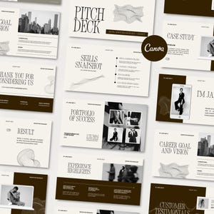 Puede incluir: Una colecci&oacute;n de diapositivas de presentaci&oacute;n de marketing digital en una paleta de colores neutros. Las diapositivas presentan texto, gr&aacute;ficos e im&aacute;genes, incluidas las palabras "Pitch Deck", "Skills Snapshot" y "Portfolio of Success". El logotipo de Canva es visible.