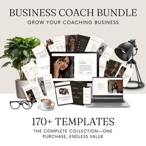 Op de afbeelding: Een business coach bundel met de tekst "BUSINESS COACH BUNDLE GROW YOUR COACHING BUSINESS" en "170+ TEMPLATES THE COMPLETE COLLECTION—ONE PURCHASE, ENDLESS VALUE." De afbeelding bevat een laptop, smartphone, tablet, documenten, een plant, een lamp, een bril en een kopje koffie.