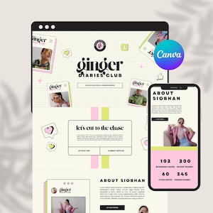 Op de afbeelding: Een digitaal website-sjabloonontwerp met de tekst Ginger Diaries Club, About Siobhan en Let's Cut to the Chase. De lay-out bevat verschillende secties met placeholder-tekst, roze en gele accenten en afbeeldingen van een persoon met een zonnebril.