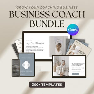 Op de afbeelding: Een digitale marketingbundel voor zakelijke coaches met meer dan 300 sjablonen. De afbeelding toont een computerscherm, een tablet en een telefoon die verschillende sjablonen weergeven. De tekst op het computerscherm zegt "Hey, I'm Marina!" en "This will be a captivating introduction to show what you do and who you do it for and why you started. Make it personal, make it good."