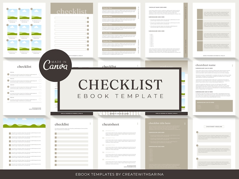 May include: A collection of digital checklist and ebook templates in a neutral color palette. The templates include various layouts for checklists, cheat sheets, and ebook pages. The design features a clean, modern aesthetic with text and image placeholders.
