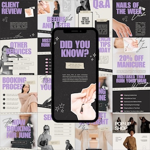 Op de afbeelding: Een digitale marketingafbeelding met een zwarte achtergrond en lavendelkleurige tekst. De afbeelding bevat de tekst "Did You Know?" en "Nails of the Week". Andere tekst is "Client Review", "Before and After" en "20% Off Manicure".