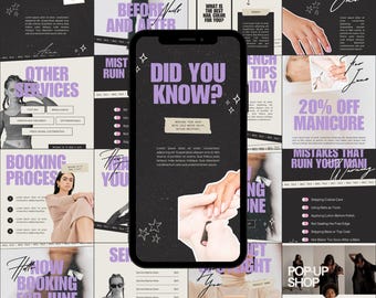 Plantillas de Instagram para salones de uñas, 30 diseños editables en Canva, paquete de redes sociales para profesionales de la manicura, publicaciones e historias de manicura para Instagram.