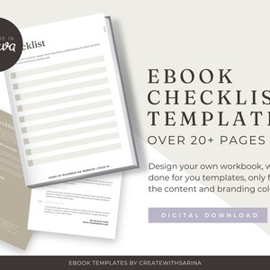 May include: A stack of white ebook checklist templates with a light gray background. The text reads "Ebook Checklists Template Over 20+ Pages" and "Digital Download". A "Made in Canva" logo is in the upper left corner.