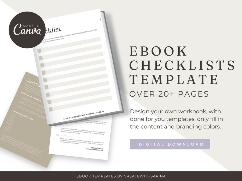 May include: A stack of white ebook checklist templates with a light gray background. The text reads "Ebook Checklists Template Over 20+ Pages" and "Digital Download". A "Made in Canva" logo is in the upper left corner.