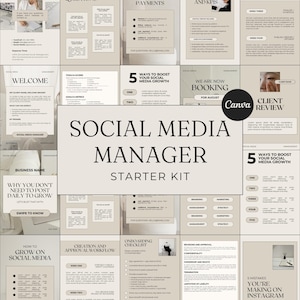 Op de afbeelding: Een beige en witte Social Media Manager Starter Kit met diverse informatieve pagina's. De kit bevat secties over welkom, betalingen, KPI's en groeistrategieën. Het Canva-logo is zichtbaar, samen met de tekst "We zijn nu aan het boeken voor augustus."