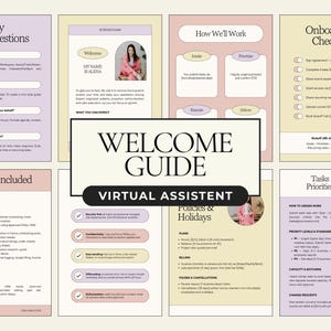 May include: A digital welcome guide template for virtual assistants featuring eight pages with pastel colour blocks, serif typography, and sections titled Frequently Asked Questions, How We'll Work, Onboarding Checklist, What's Included, and Policies.