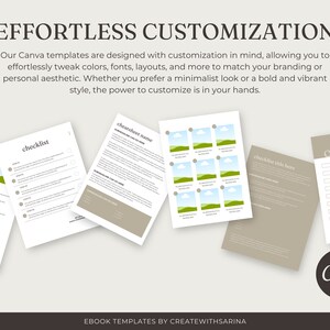 May include: A collection of white and tan Canva templates, including checklists and cheat sheets, with the text "EFFORTLESS CUSTOMIZATION." The templates are designed for easy customization of colors, fonts, and layouts. The Canva logo is visible.